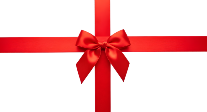 A bright red satin ribbon tied in a perfect bow, forming a cross shape, isolated on transparent background
