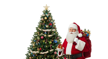 Obraz premium Santa claus and decorated christmas tree isolated on transparent background