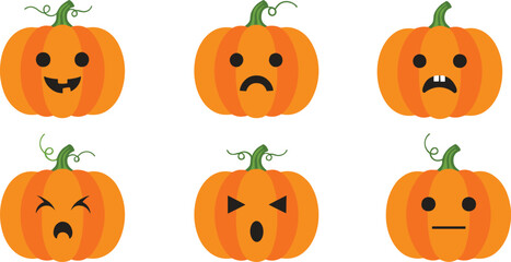 Cartoon pumpkins with expressive carved faces, vector illustration for Halloween emotion theme, festive decoration, and editorial seasonal content