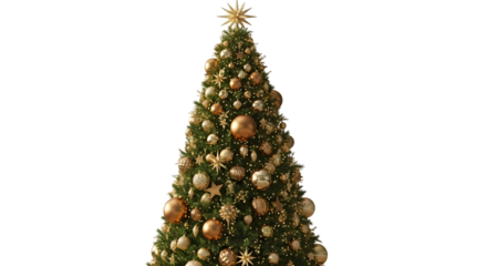 A beautifully decorated christmas tree with golden ornaments and lights, isolated on transparent background