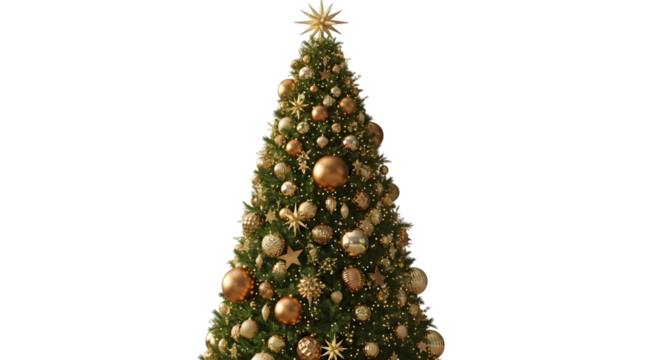 A beautifully decorated christmas tree with golden ornaments and lights, isolated on transparent background