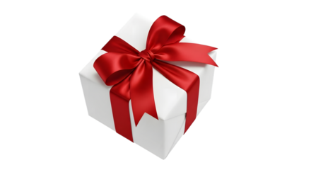 A white gift box with a red ribbon and bow, isolated on transparent background