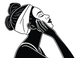 Black and white illustration of woman applying skincare