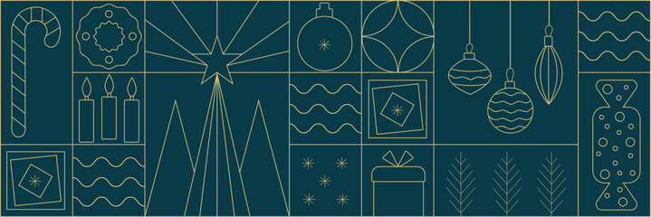 Modern Geometric Christmas Pattern with Ornaments and Snowflakes. Festive Line Art Christmas Elements. Minimalist Christmas Holiday Icons Collection