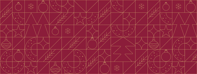 Modern Geometric Christmas Pattern with Ornaments and Snowflakes. Festive Line Art Christmas Elements. Minimalist Christmas Holiday Icons Collection
