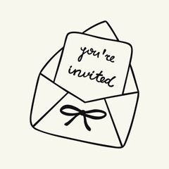 Outline open envelope with you're invited inscription. Hand drawn invite with a ribbon bow.