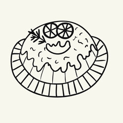 Hand drawn doodle bundt cake illustration. Black and white traditional Christmas cake on a plate. Vector sketch illustration
