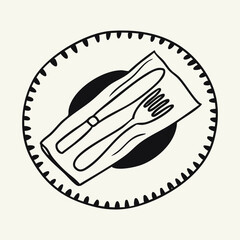 Hand drawn table setting. Outline illustration of a plate with napkin and cutlery. Vector illustration of doodle table setting.