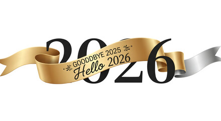 Golden ribbon unfurls with goodbye 2025 hello 2026 text isolated on transparent background