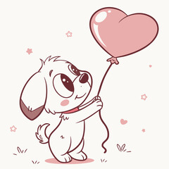 Cute cartoon puppy holding a pink heart balloon