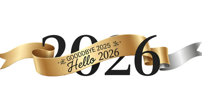 Golden ribbon unfurls with goodbye 2025 hello 2026 text isolated on transparent background