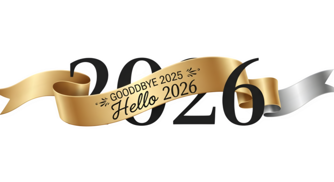 Golden ribbon unfurls with goodbye 2025 hello 2026 text isolated on transparent background