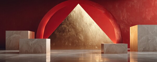 A golden geometric pyramid rises on a red abstract stage with marble blocks and arches