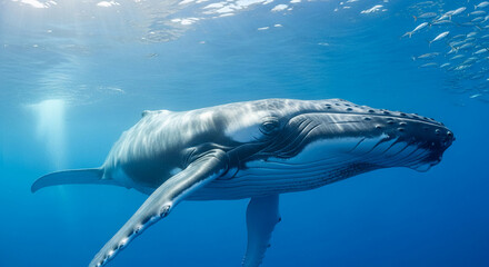 Underwater shot of a humpback whale swimming, showcasing its size and majesty in a natural habitat, representing marine wildlife, conservation, ocean life