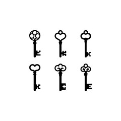 set of 6 vintage key silhouettes, black fill
