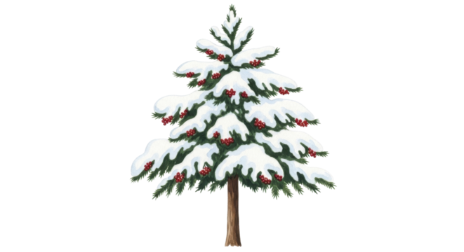 Snowy Evergreen Tree with Red Berries on a Transparent Background, PNG Image