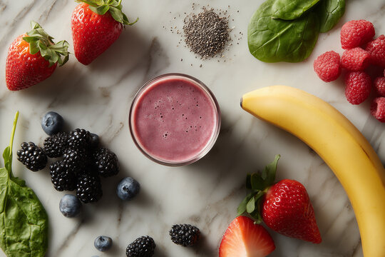 creamy mixed berries with leafy spinach, nutritious berry and banana drink on neutral background