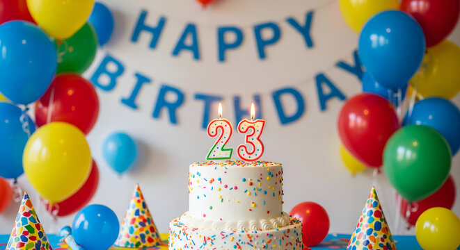 Celebrating 23rd Birthday with Cake, Balloons, and Party Hats
