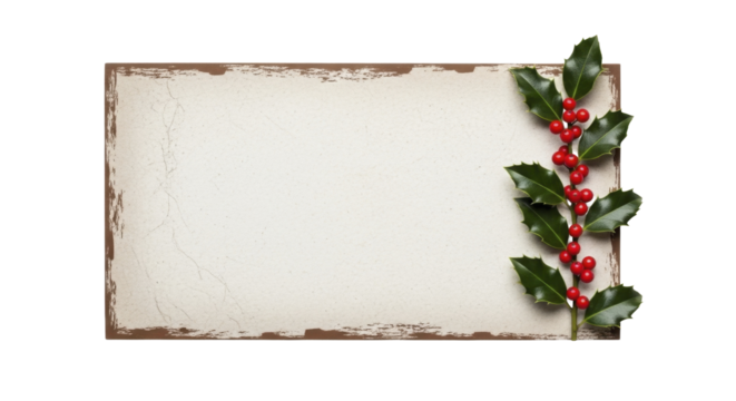Distressed blank paper note with rustic border and holly sprig with red berries on a transparent background, PNG image - Powered by Adobe