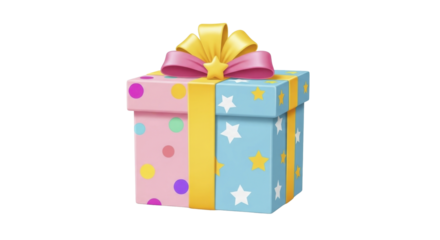 Festive colorful gift box with pink polka dots and blue stars, yellow ribbon bow, PNG image on transparent background