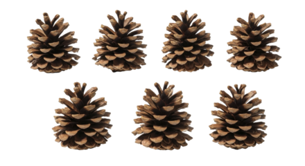 Six natural brown pine cones with shadows arranged in rows on a transparent background PNG image for winter holidays