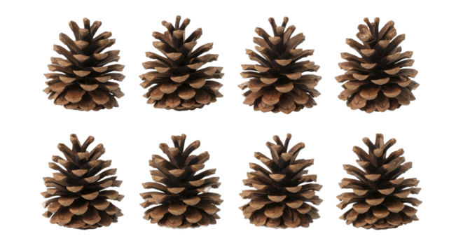 Eight brown pine cones on a transparent background PNG image for New Year winter decor PNG file