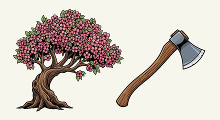 Cherry tree with axe in balanced symmetrical composition, stylized vector illustration on white background, minimal and artistic design with copy space