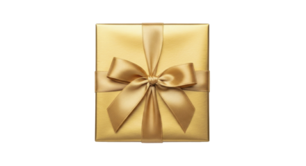 Golden gift box with festive ribbon bow on a transparent background, PNG image, PNG file