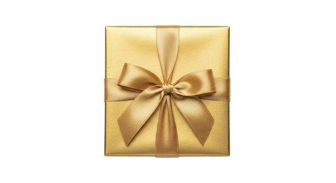 Golden gift box with festive ribbon bow on a transparent background, PNG image, PNG file - Powered by Adobe