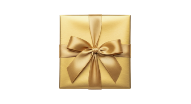 Golden gift box with festive ribbon bow on a transparent background, PNG image, PNG file - Powered by Adobe