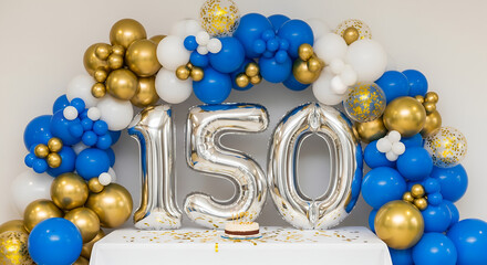 150th Anniversary Celebration with Balloons and Cake