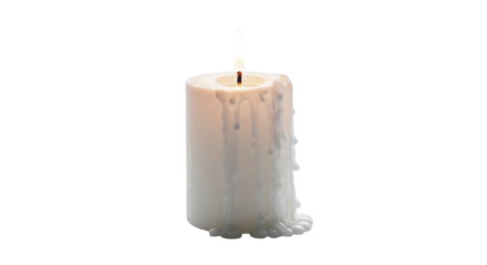 White Pillar Candle with Dripping Melted Wax and Flickering Flame, Symbolizing Hope and New Beginnings for Winter Holidays and New Year, on a Transparent Background, PNG File