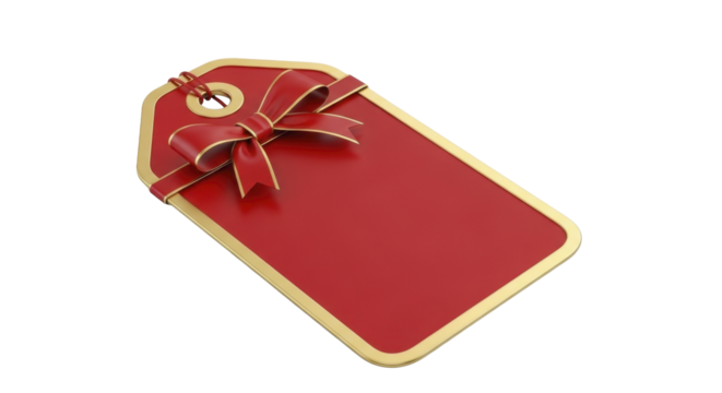  Festive Red Gold Gift Tag with Ribbon Bow for New Year Celebration on a Transparent Background PNG Image