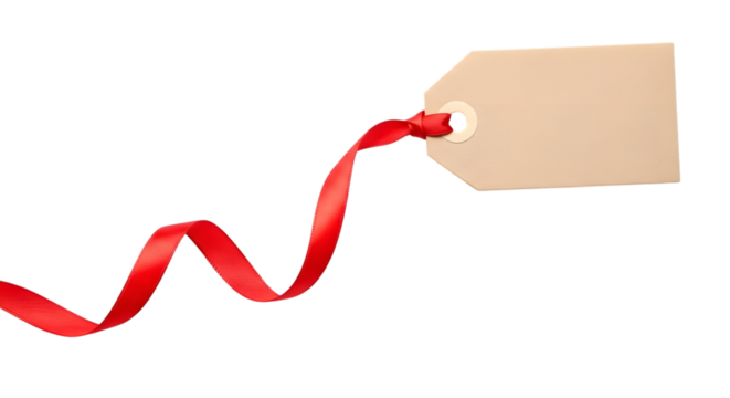 A blank kraft paper gift tag tied with a flowing red ribbon, isolated on transparent background