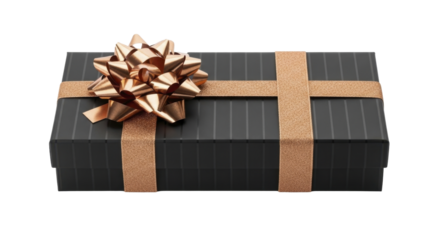 Elegant New Year gift box with copper glitter ribbon and bow on a transparent background, PNG image, PNG file