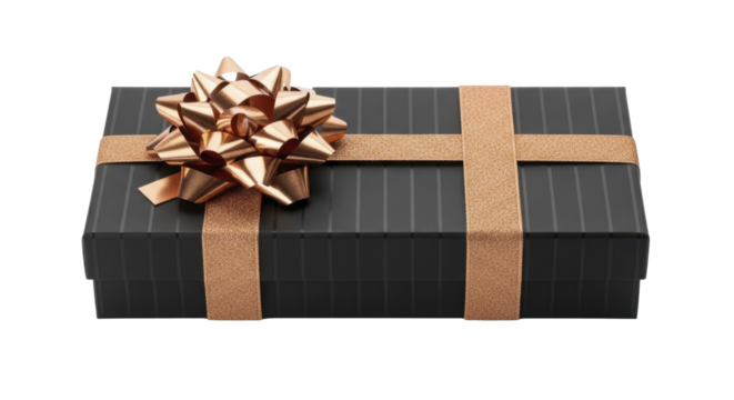 Elegant New Year gift box with copper glitter ribbon and bow on a transparent background, PNG image, PNG file