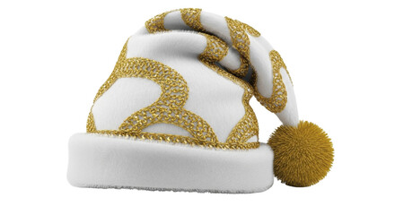 Festive White Fur Santa Hat with Golden Ornamental Accents Pompom on Transparent Background PNG File