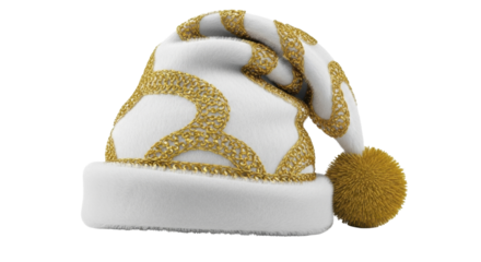 Festive White Fur Santa Hat with Golden Ornamental Accents Pompom on Transparent Background PNG File