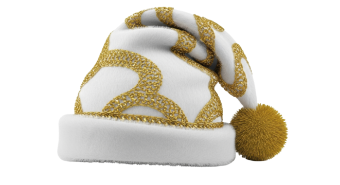 Festive White Fur Santa Hat with Golden Ornamental Accents Pompom on Transparent Background PNG File