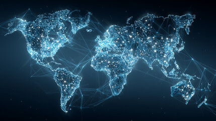 illuminated world map with network lines, futuristic glowing globe highlighting global data connections