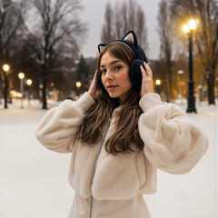 A pretty woman in a snowy park, wearing cute cat-ear headphones and a stylish fur jacket, looks towards the camera amidst a winter wonderland.