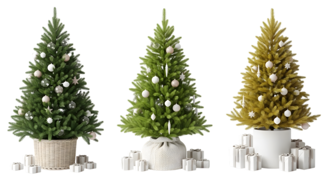 Three decorated christmas trees, two green and one golden, with ornaments and presents at their bases, isolated on transparent background