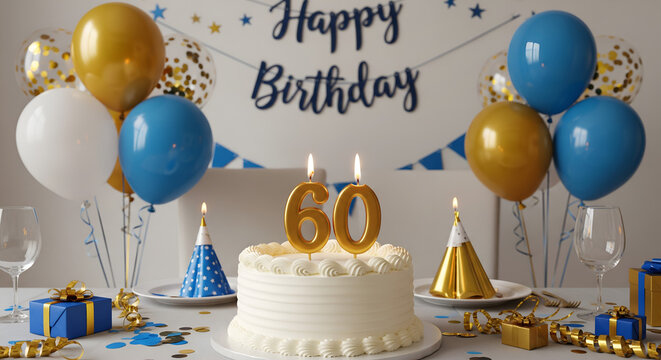 Elegant 60th Birthday Party with Cake, Balloons and Gifts