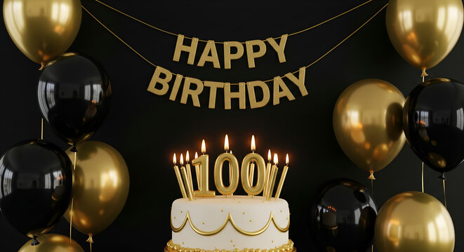 Golden 100th Birthday Party with Cake, Balloons and Banner