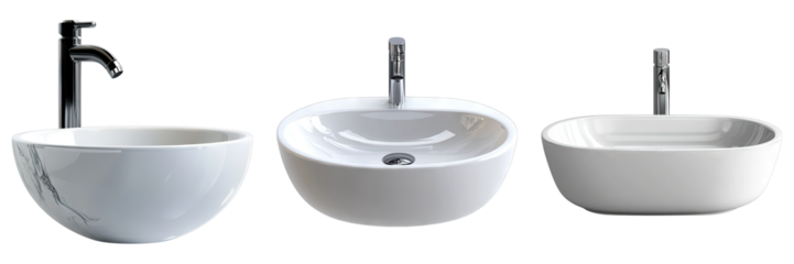 Elegant bathroom sinks with faucets in a row, showcasing modern design. The sinks are smooth, clean, and minimalist, perfect for any contemporary interior
