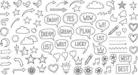 Doodle elements set with arrows, stars, birds, speech bubbles, crowns in line art style