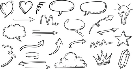 Doodle Elements with Arrows, Hearts, Crown, Clouds on Transparent Background