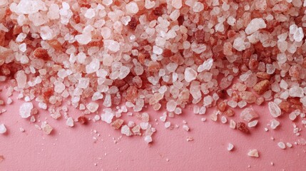 Coarse, pink salt crystals in a heap with a light pink background. Macro shot