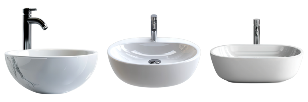 Elegant bathroom sinks with faucets in a row, showcasing modern design. The sinks are smooth, clean, and minimalist, perfect for any contemporary interior