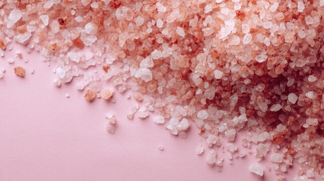 Pink rock salt crystals scattered on a pink background, abstract closeup